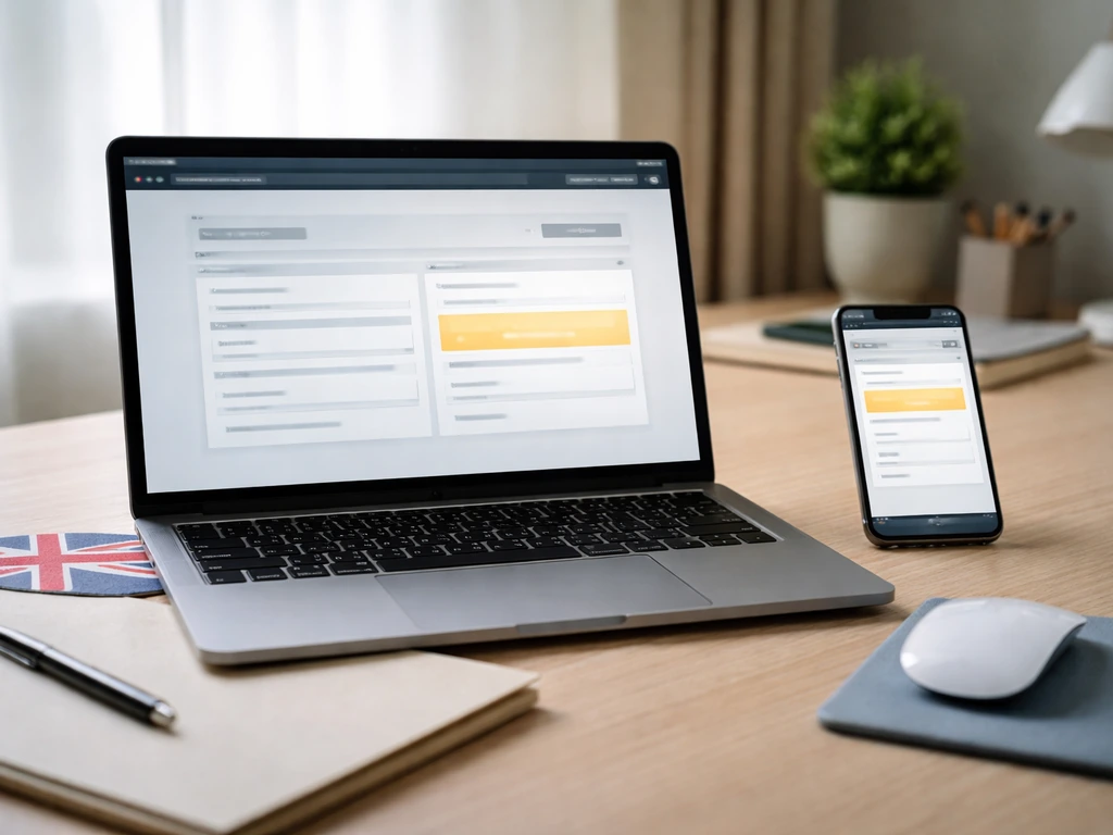 Minimal desk scene with laptop and phone showing a UK company records search interface concept