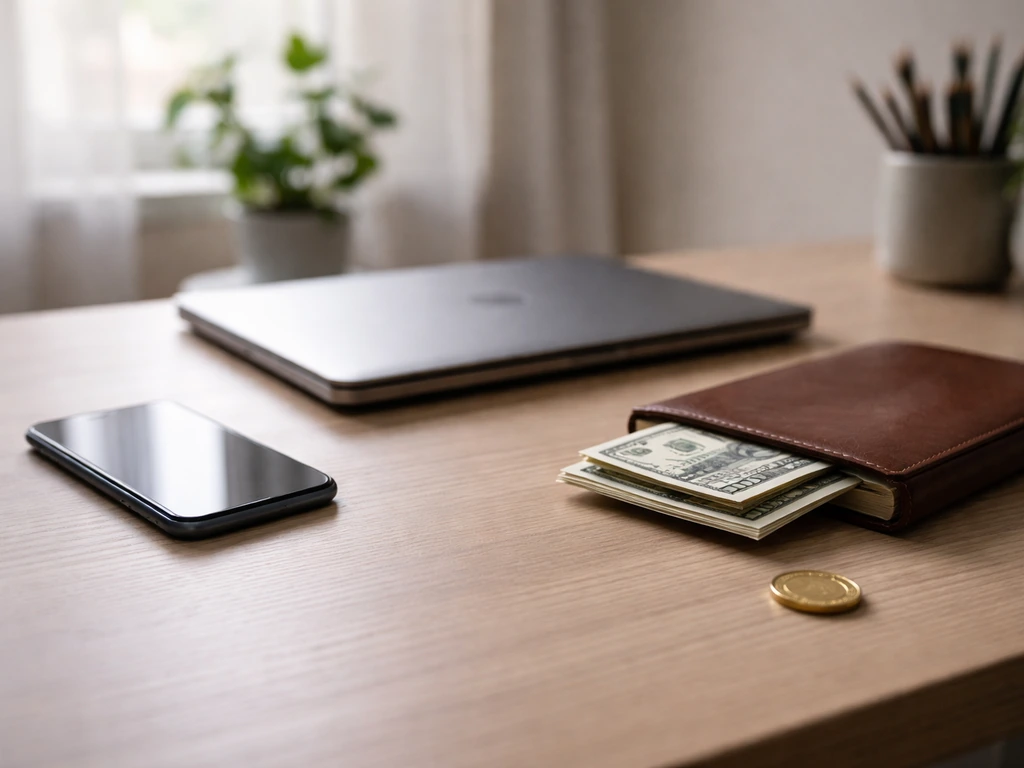 Minimal desk scene with money and a gold coin, symbolizing a widely cited net worth estimate.