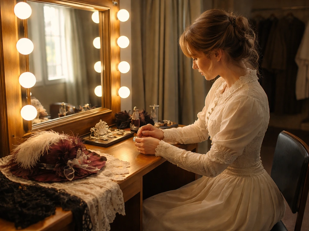Actress in period-inspired outfit seated in a 1990s-style TV set dressing room with soft daylight.