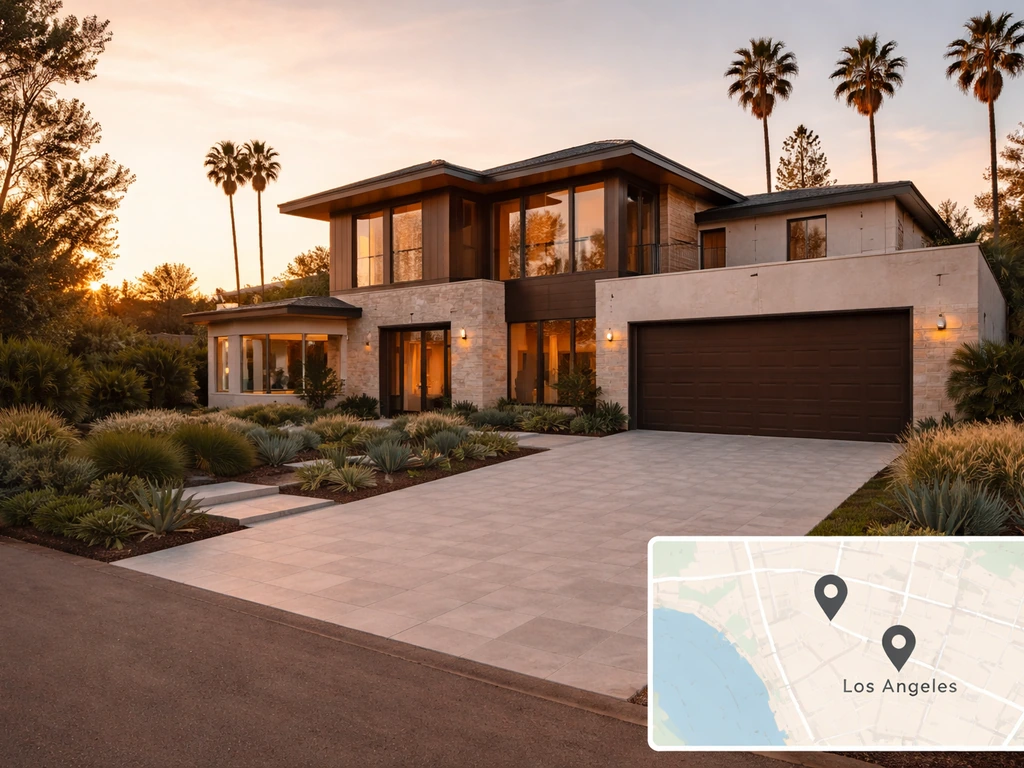 Minimal photo of a luxury home exterior with subtle city-located pin markers in a simple map view