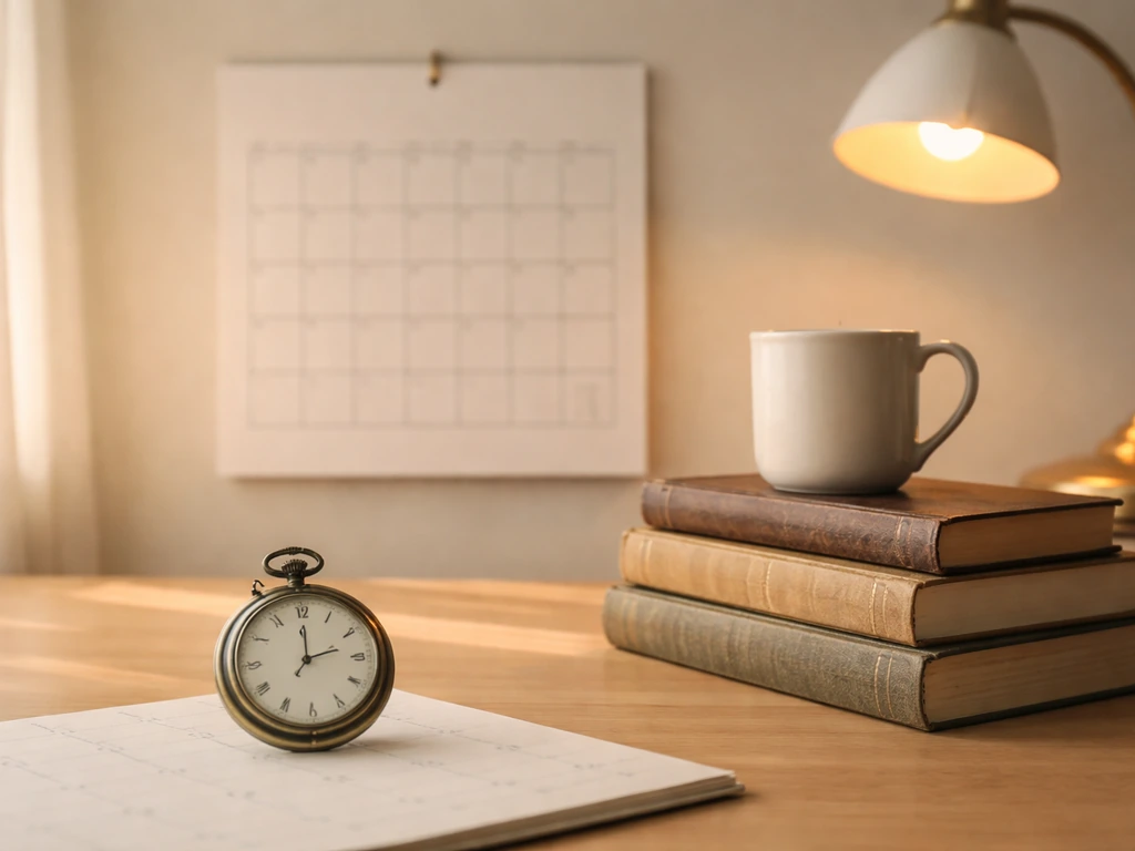 Minimal desk scene with an open vintage calendar and pocket watch symbolizing changing wealth over time.