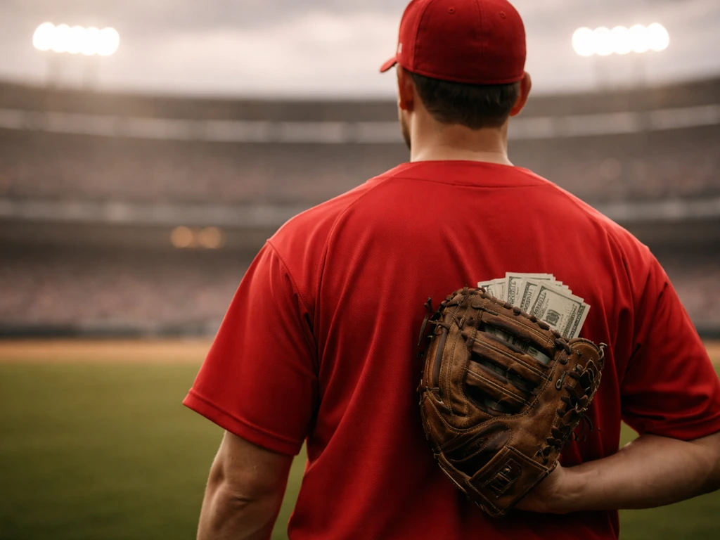 Anonymous baseball player in an Angels-style uniform holding a baseball glove with cash in a quiet ballpark.