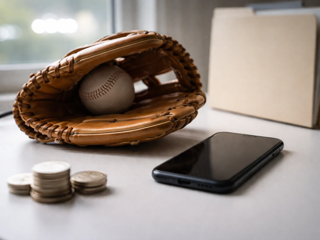 Minimal desk scene with a baseball glove, smartphone, and scattered currency symbolizing an MLB net-worth search.