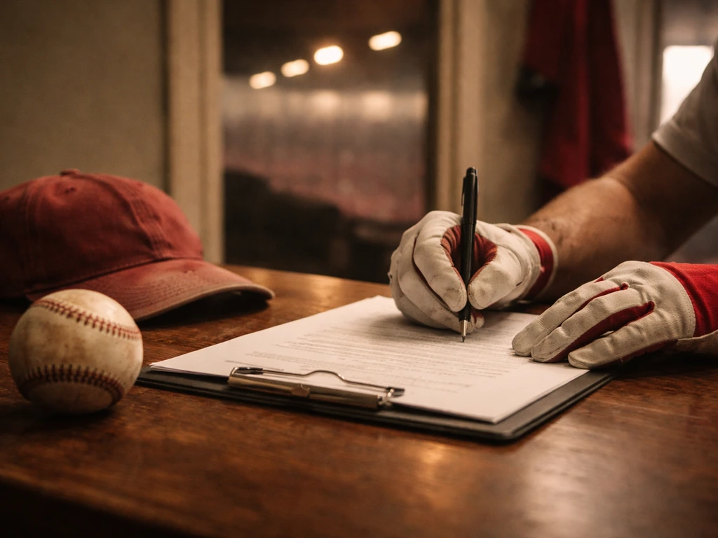 Gloved hands signing a baseball contract on a wooden desk with a baseball and cap nearby.