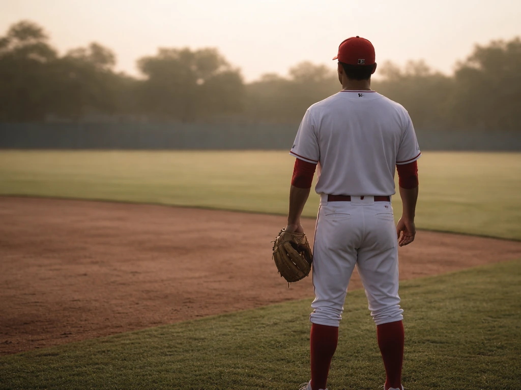Baseball player in a Los Angeles Angels jersey holding a glove on a quiet spring training field.