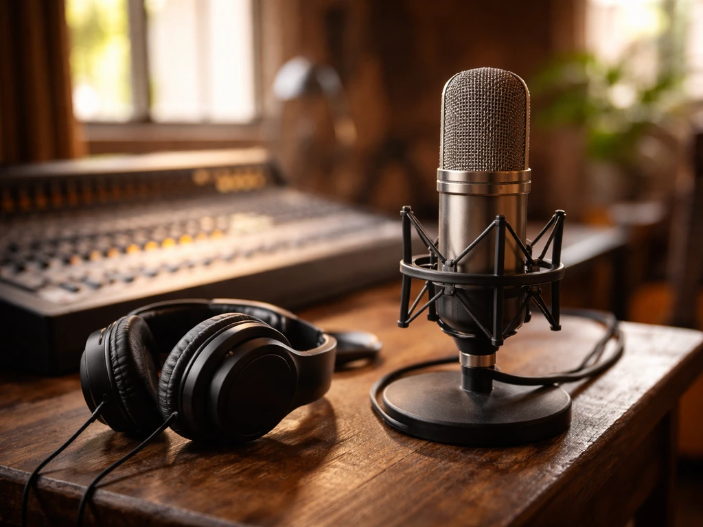 Close-up of a studio microphone and headphones in a softly lit music studio.