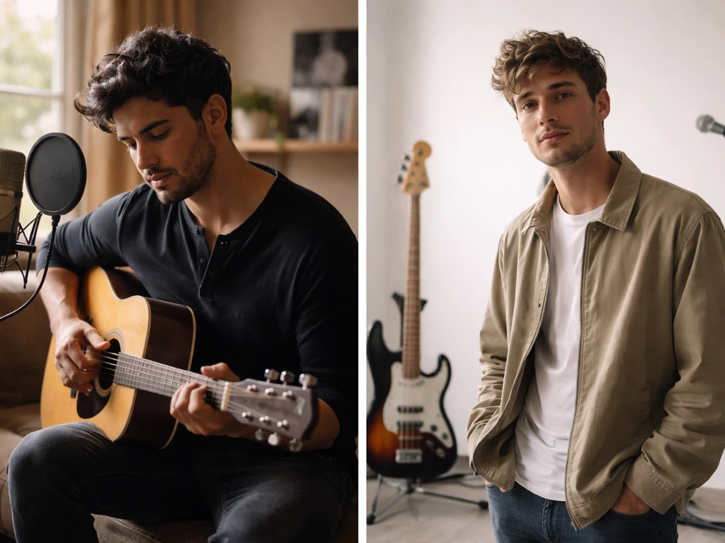 Two-panel split image of two anonymous musicians in different studio settings to clarify different identities.