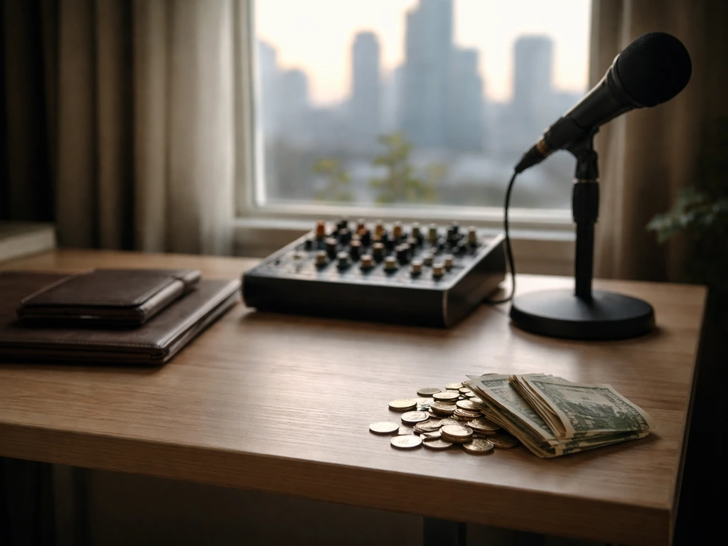 Minimal studio desk with audio gear and fanned cash/coins symbolizing a net worth range.