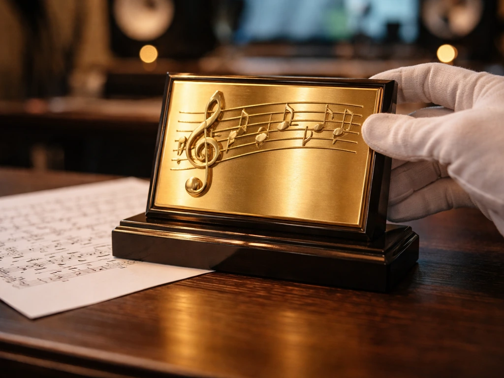 Gold award plaque on a desk with blurred studio background, symbolizing composer recognition and royalties.