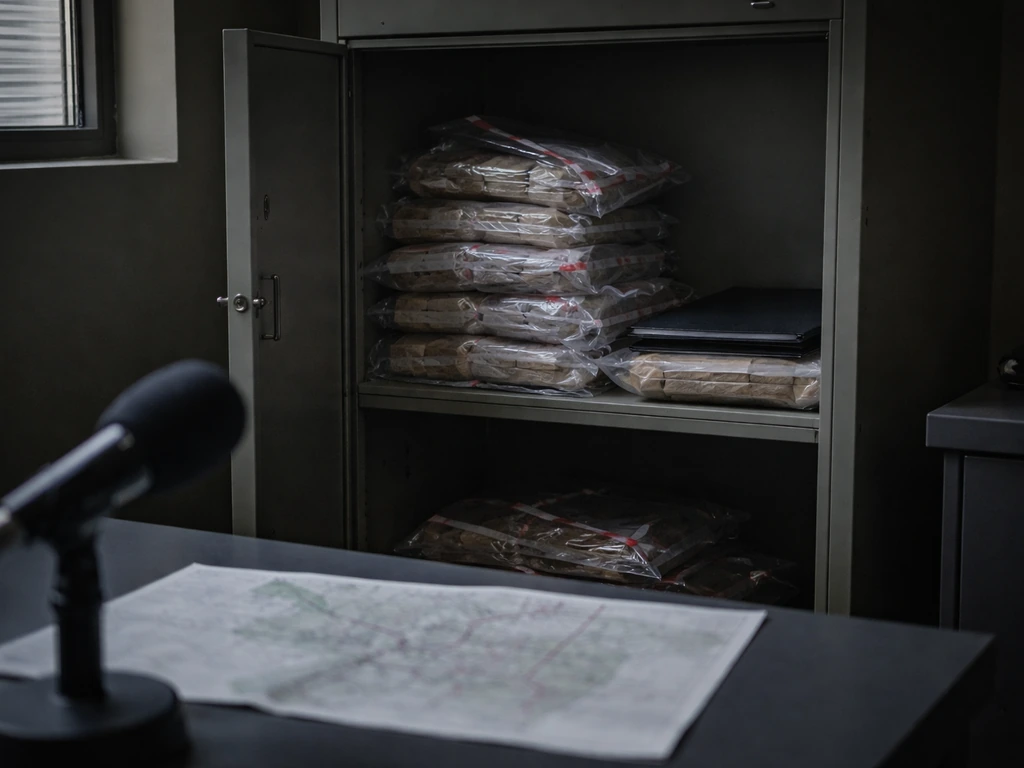 Dim evidence room with sealed bags and an unmarked locker, suggesting investigation into cartel wealth.