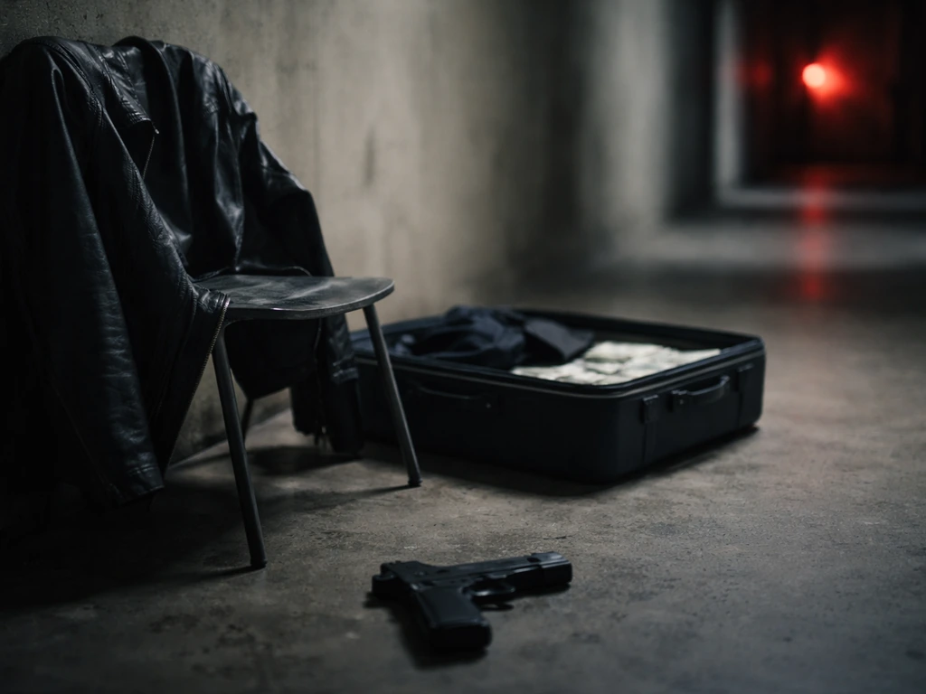 Worn leather jacket and open suitcase in a dim hallway, suggesting a fugitive/wanted context.