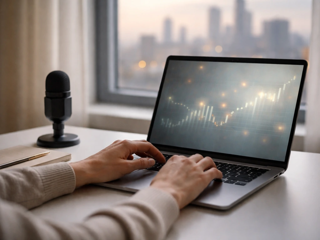 Desk with laptop showing anonymous market news reflections, symbolizing indirect modeling of revenue estimates