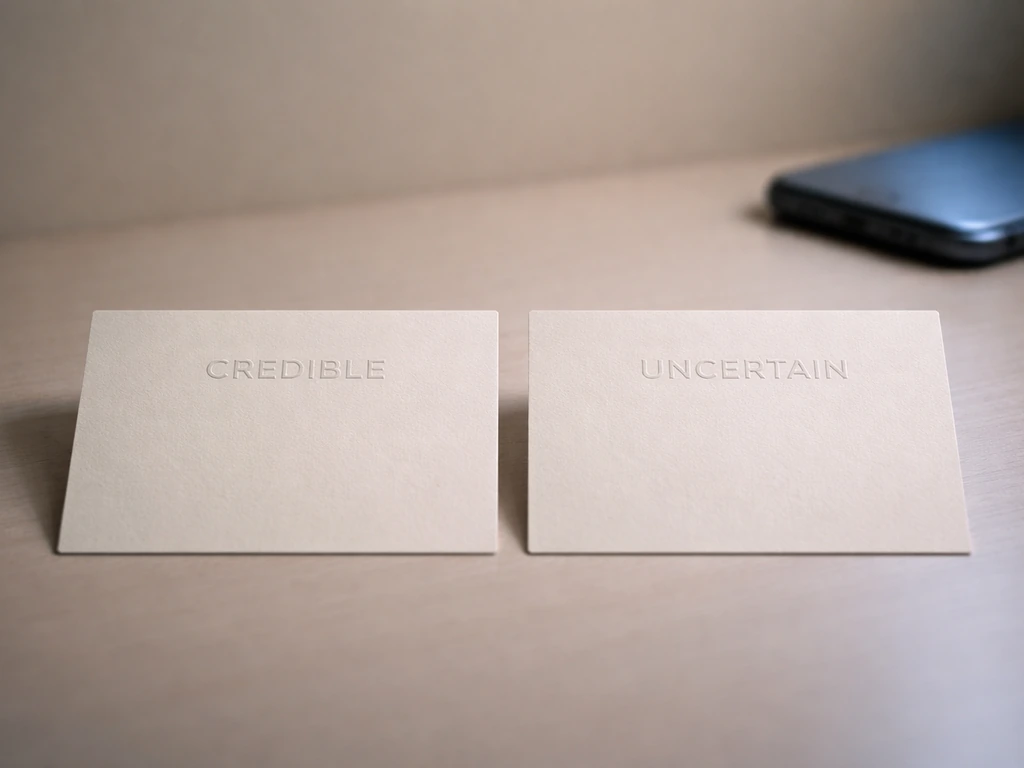 Two contrasting evidence cards on a desk: one stamped credible, one marked uncertain, next to a dim phone light.