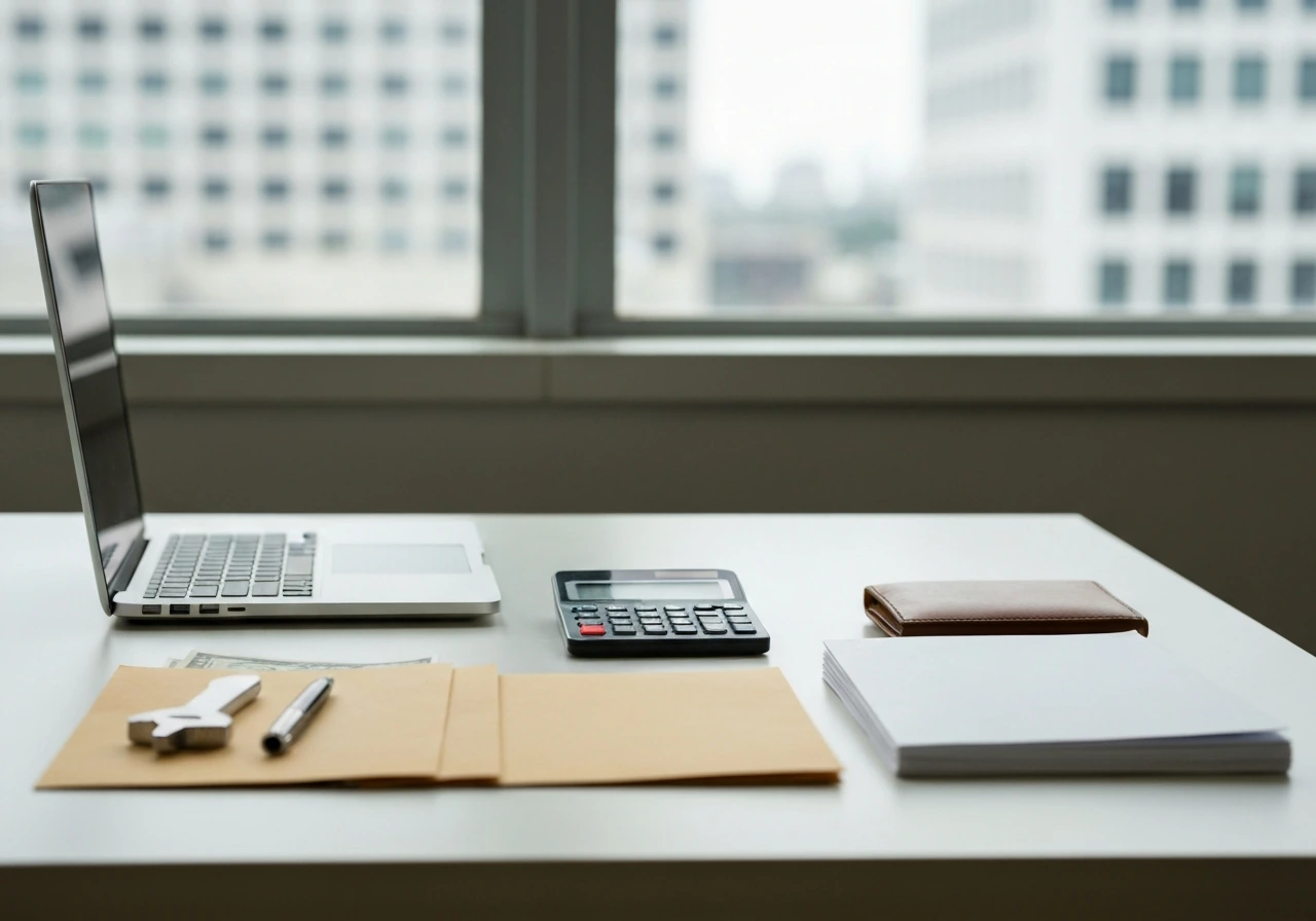 An anonymous office desk with scattered money envelopes, a calculator, and a closed laptop in soft light.