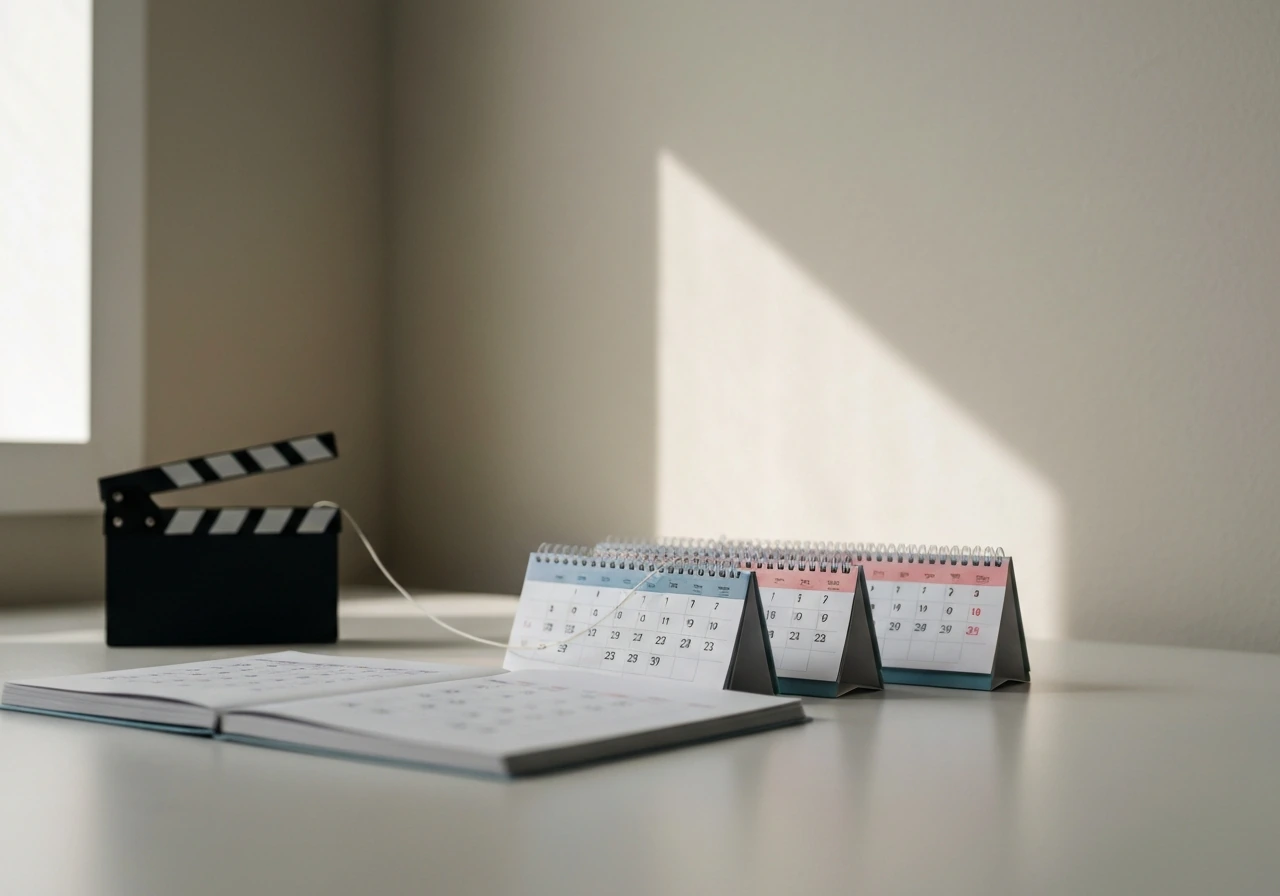 Minimal timeline-like scene with a film clapper and calendar pages suggesting career income milestones