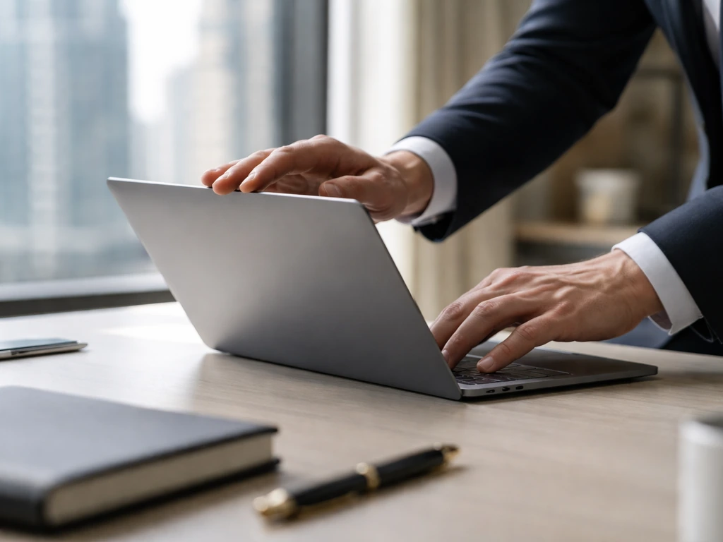 Close-up of hands adjusting a laptop in a sleek tech office with city skyline visible through window.