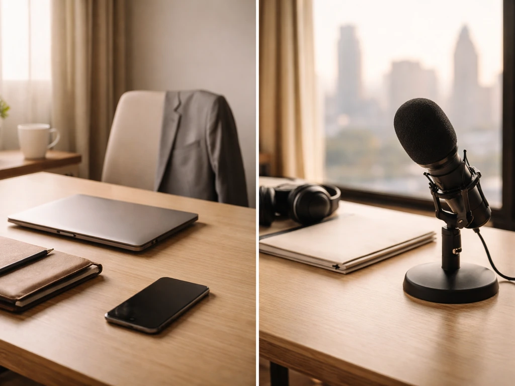 Two-panel minimal collage: anonymous office desk and podcast-microphone with a blurred city view.