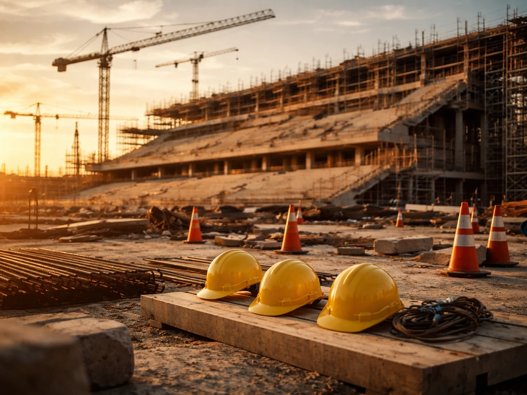 Minimal stadium construction scene with cranes and concrete framework symbolizing an infrastructure concession.