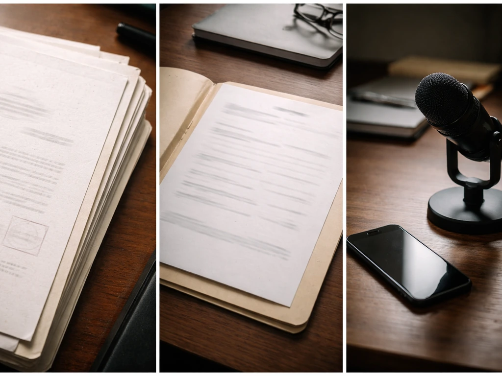 Collage of blurred legal/regulatory document pages and a quiet desk with a microphone and phone.