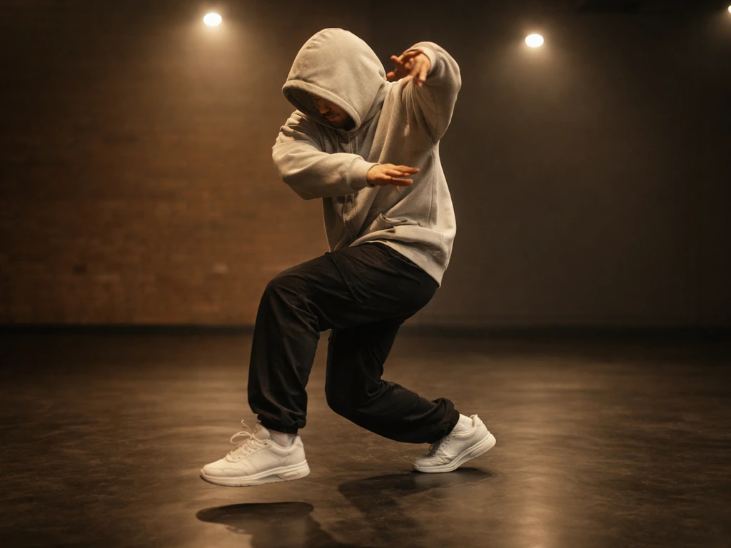 Anonymous hip-hop dancer captured mid-freeze in a minimal studio with warm lighting and a dark floor.