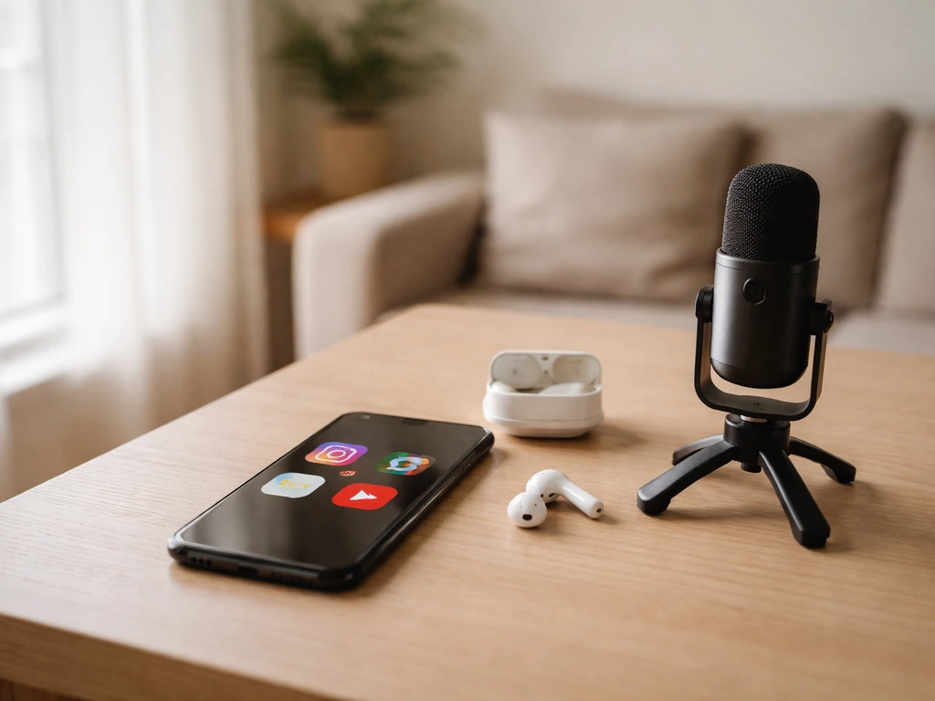 Phone on a desk with generic social app icons and a microphone, suggesting content creation income streams.