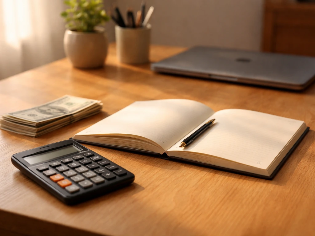 Minimal photo of a calculator, open notebook, and cash near a laptop in a calm desk setting