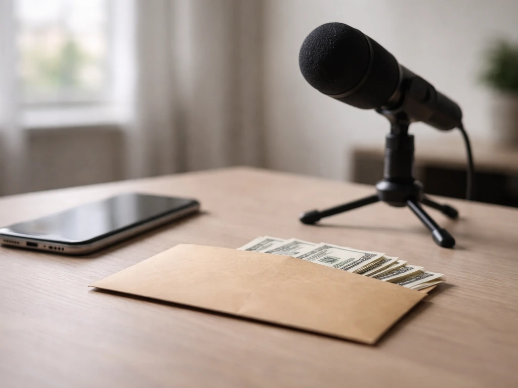 Minimal scene of a desk with an open envelope and smartphone beside a UFC-style microphone stand, symbolizing income vs