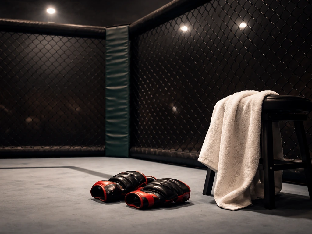 Empty MMA octagon corner with gloves on the mat, suggesting a major career turning point.