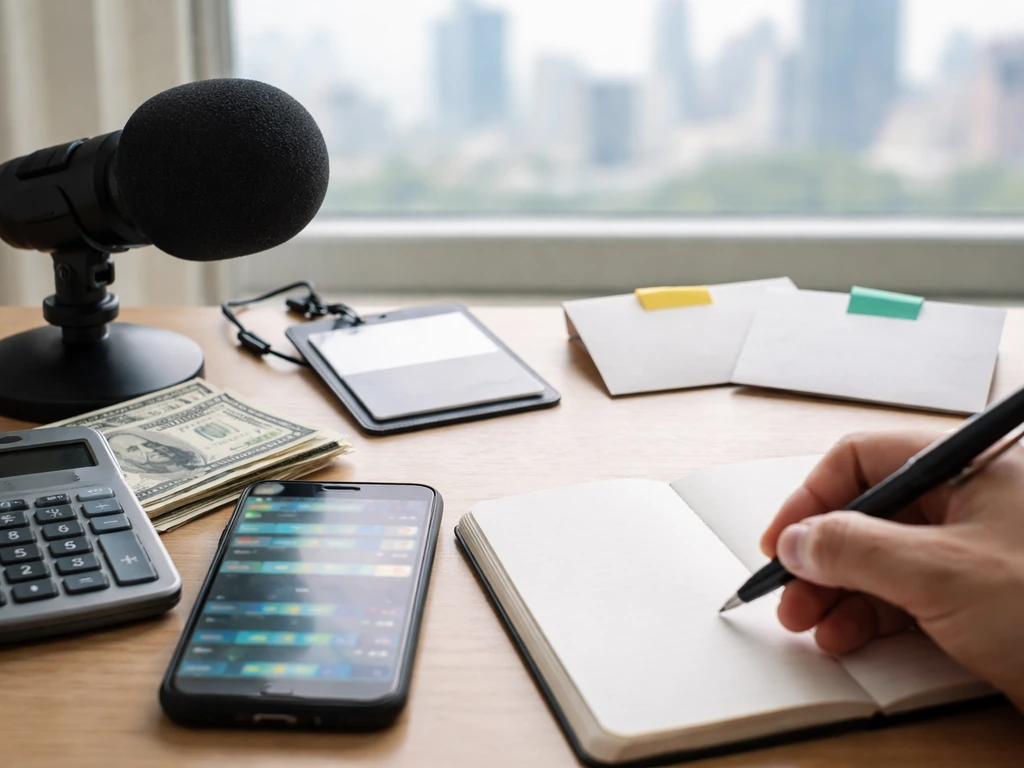 Desk setup with phone and checklist items beside money, suggesting verifying conflicting sports net-worth estimates.