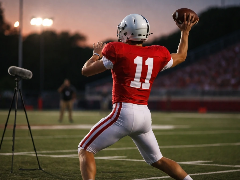 Anonymous quarterback mid-throw on a college field with nearby media gear in soft dusk light.