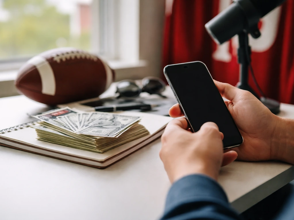 Hands holding a phone above a desk with cash and sports media items, symbolizing net worth analysis.