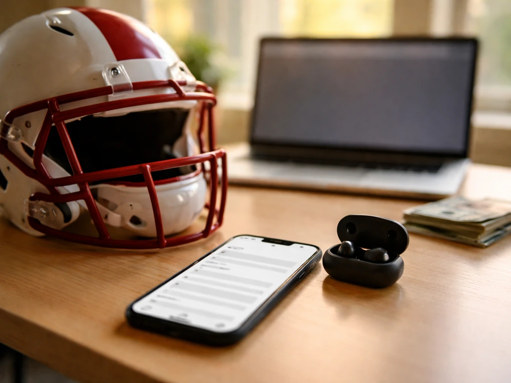 Anonymous college football NIL-style desk scene with helmet, phone, and blurred cash symbolism.