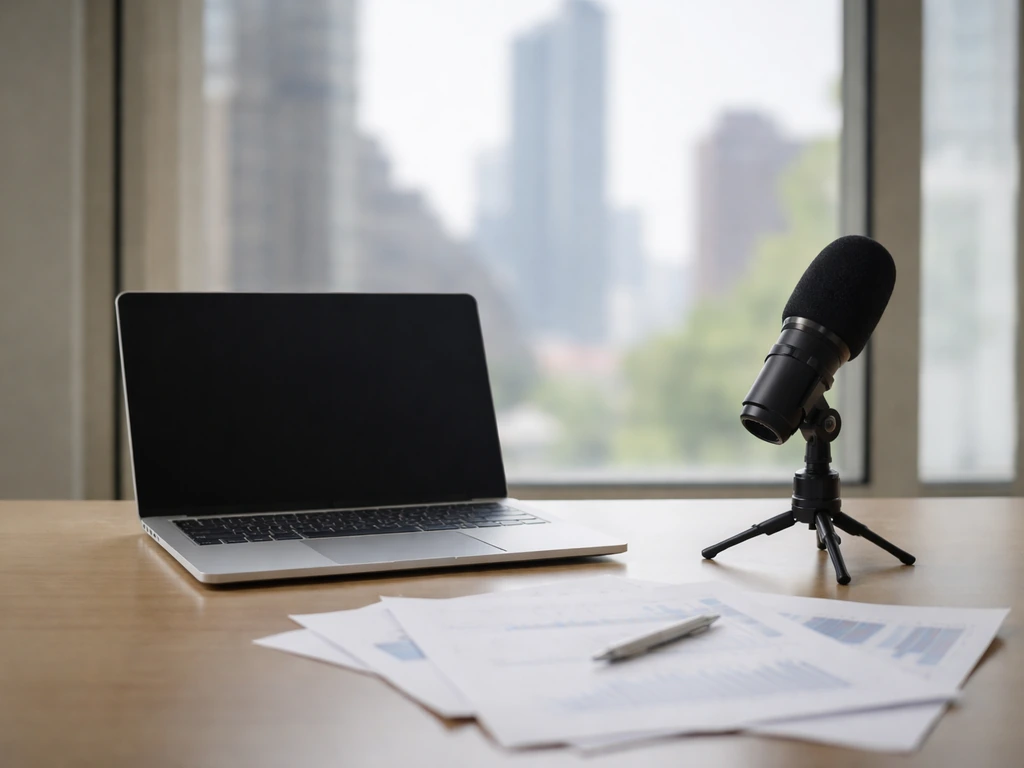 Minimal office desk with microphone and closed laptop, blurry city view, symbolizing media and finance analysis.