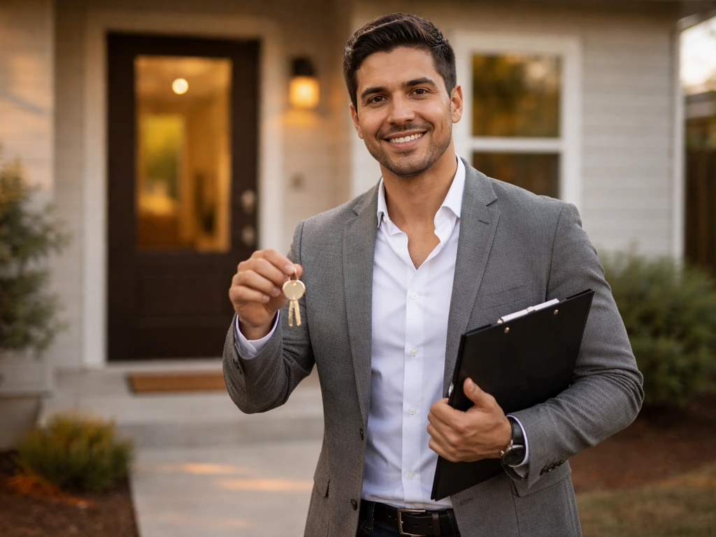 Man holding keys and a clipboard outside a modern house entrance in warm natural light.