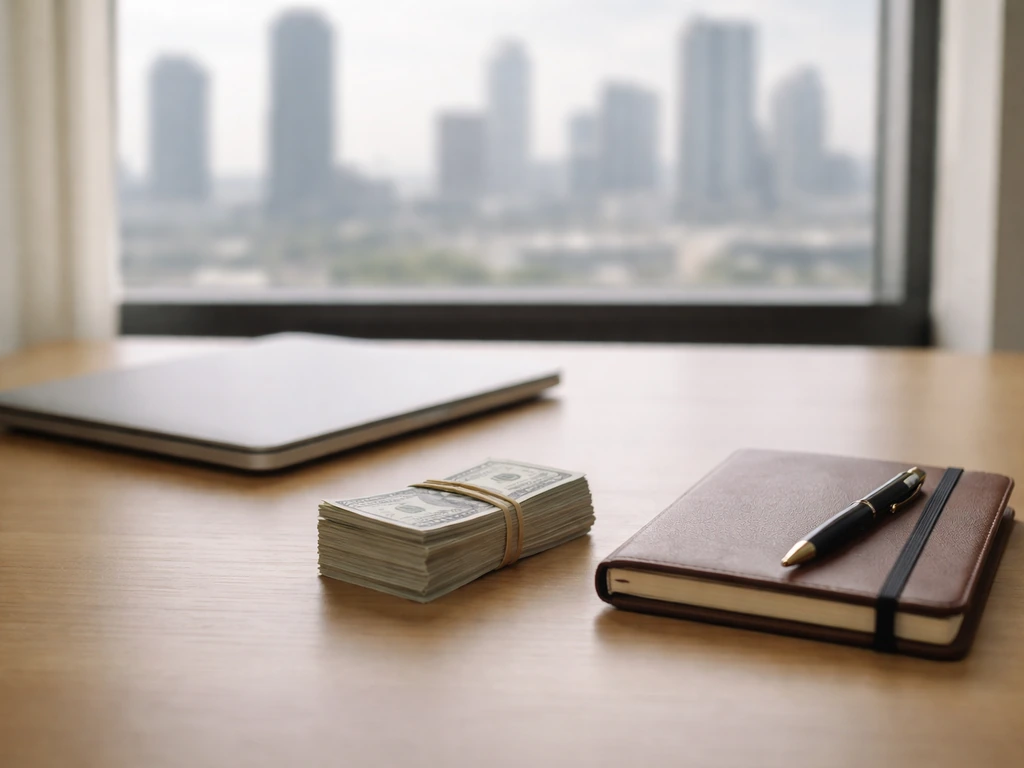 Minimal office scene with a closed laptop, cash bundle, and a notebook symbolizing a net worth range estimate