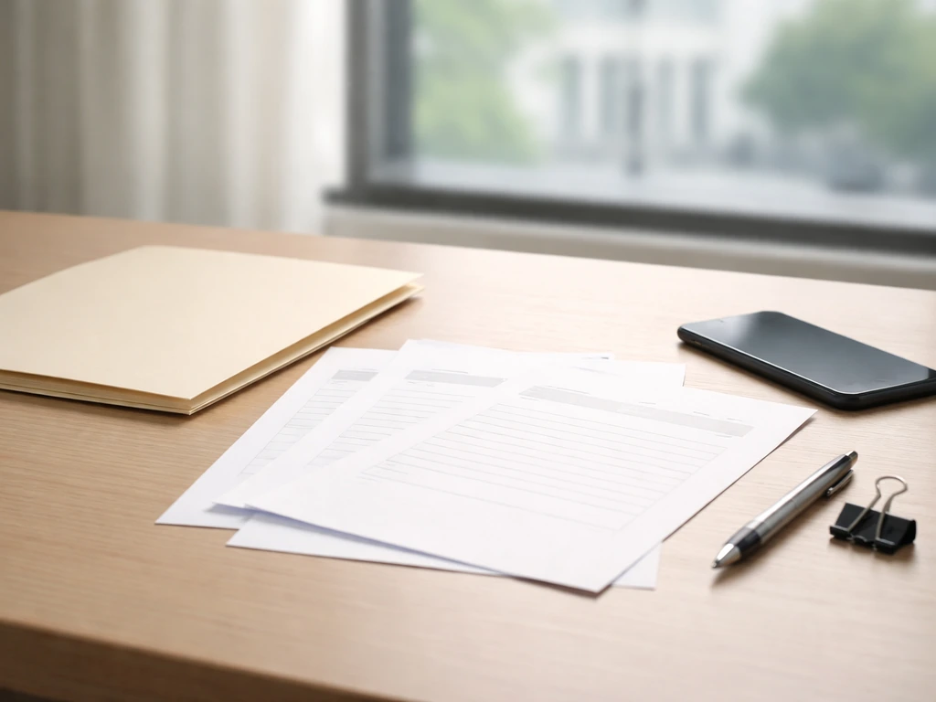 Minimal desk scene with property record folder, business filing documents, and pen for verification