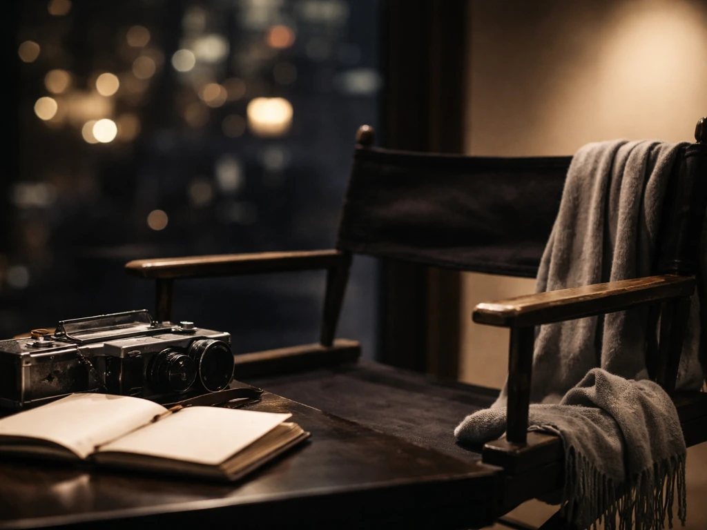 Cinematic film workspace with a vintage camera and blank ledger pages, suggesting a net-worth estimation article