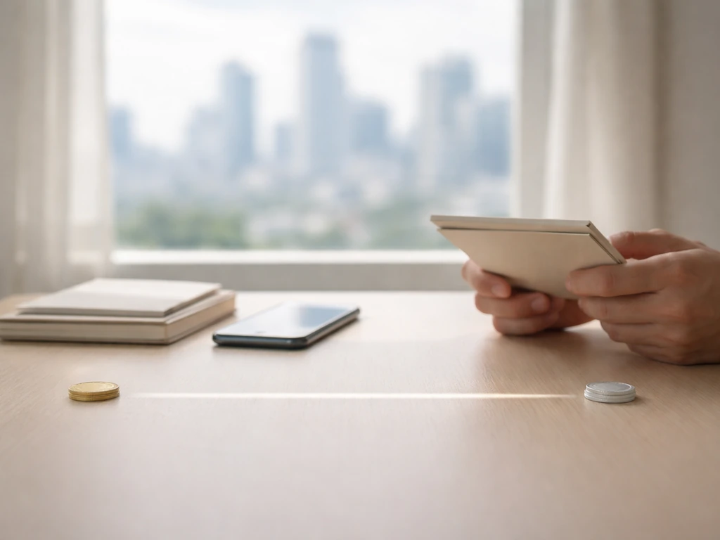 Minimal desk scene with hands, documents, and subtle low-to-high wealth cues in natural light.