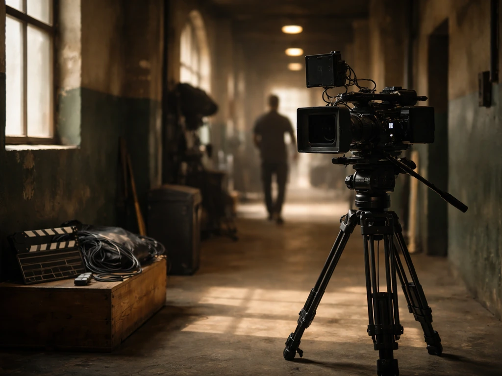 Minimal film set corridor with a camera on tripod and anonymous crew silhouette in soft light.