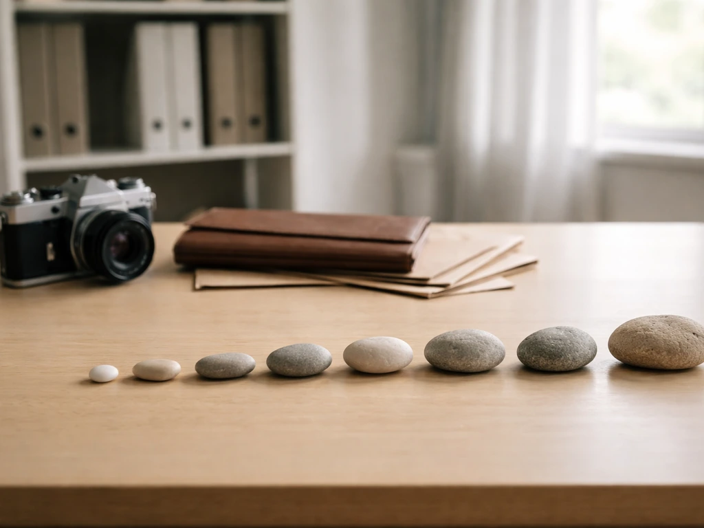 Minimal studio desk with a vintage camera, scattered documents, and a subtle financial timeline laid out as objects