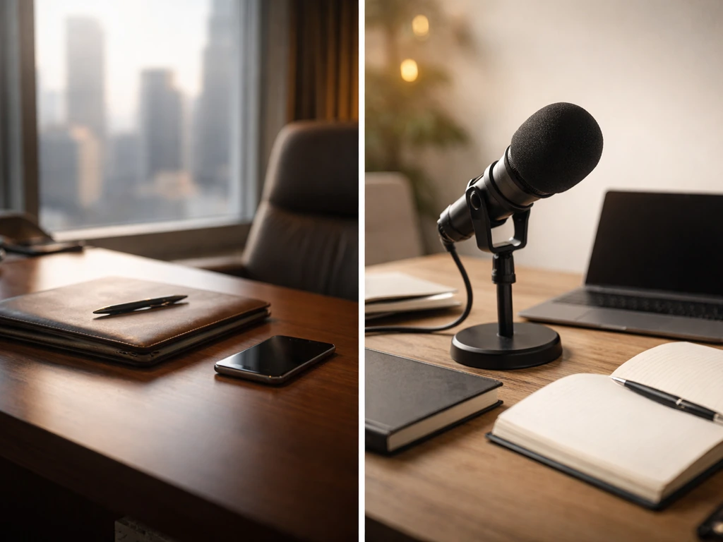 Minimal split-screen of anonymous office desk scenes symbolizing Mayra and Donnie net worth analysis.