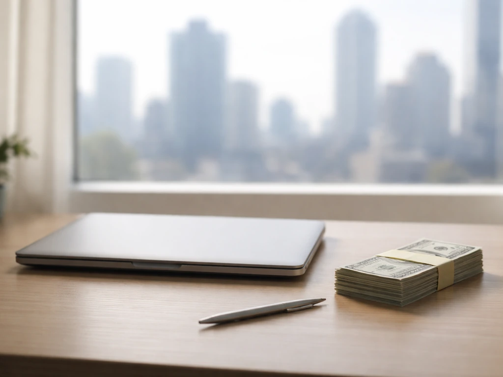 Minimal photo of a tidy office desk with a closed laptop, scattered cash, and a blurred city view for net-worth estimate