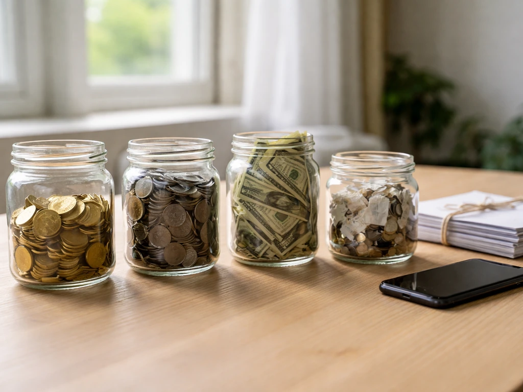 Wooden desk by a window with four glass jars of coins and bills, symbolizing different income streams.