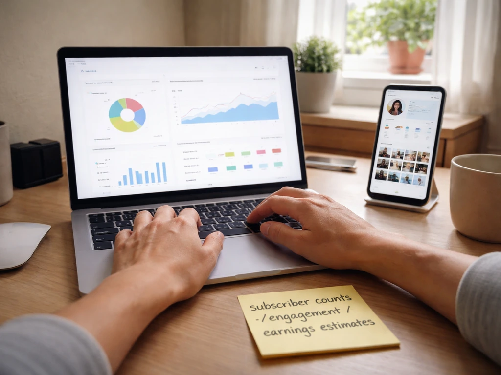 Unrecognizable hands reviewing a laptop analytics dashboard and a smartphone creator page with a note.