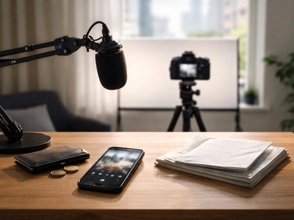 Minimal home studio desk with camera, microphone, smartphone, and coins symbolizing a creator net-worth estimate