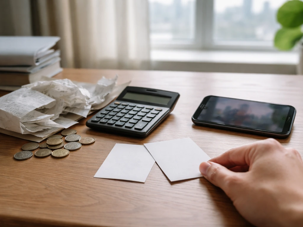 Minimal desk scene with calculator, blank papers, coins, and a phone suggesting changing money estimate inputs.