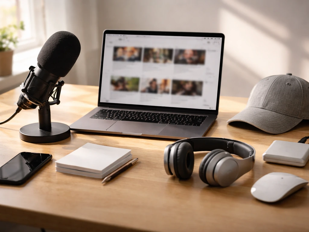 Minimal creator desk with microphone, laptop, phone, and workflow items suggesting ad revenue, deals, licensing, and mer