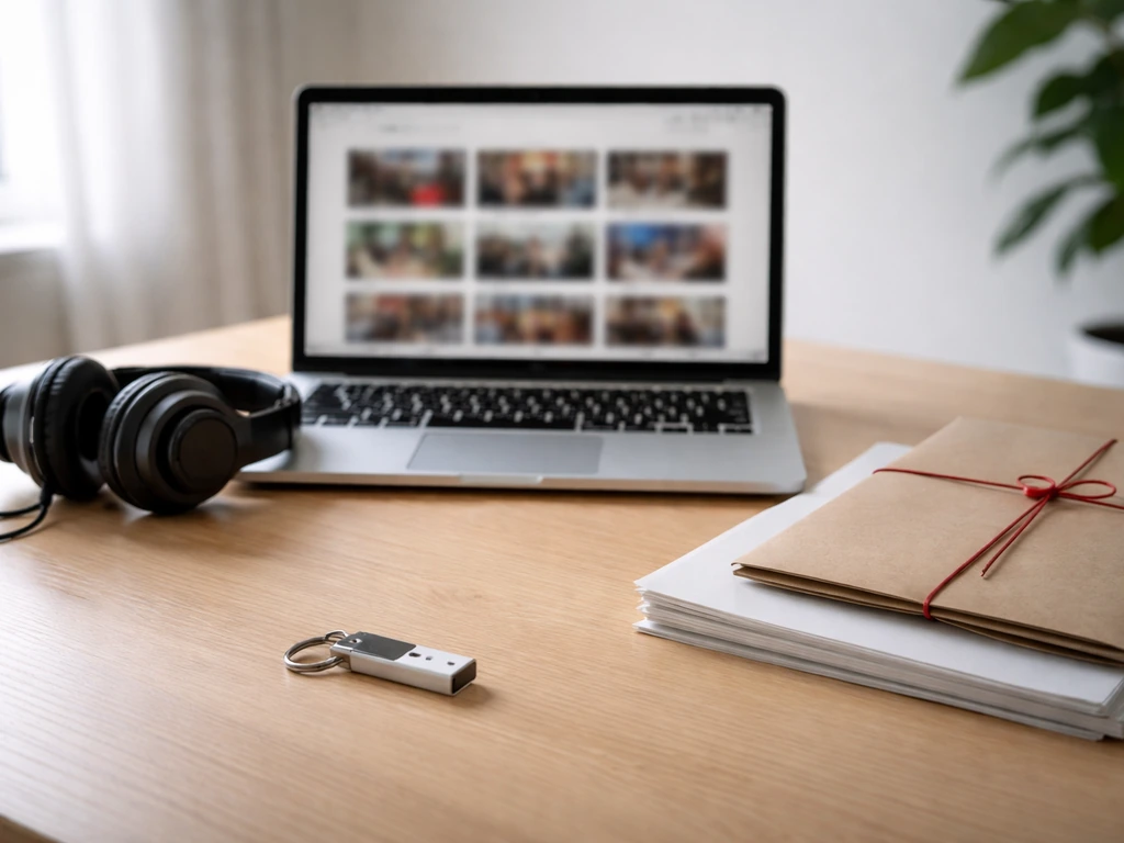Minimal desk scene with laptop blurred video tiles, blank papers, and tied folder symbolizing content licensing