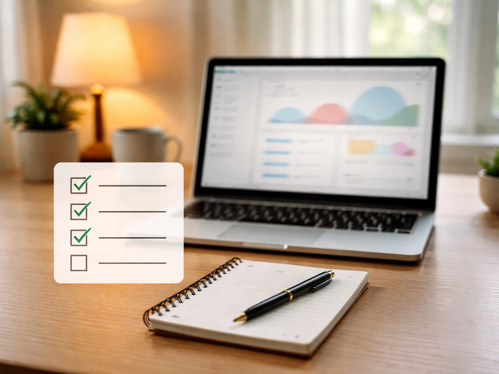 Minimal desk scene with laptop showing abstract analytics panels and a checklist for verifying estimates.