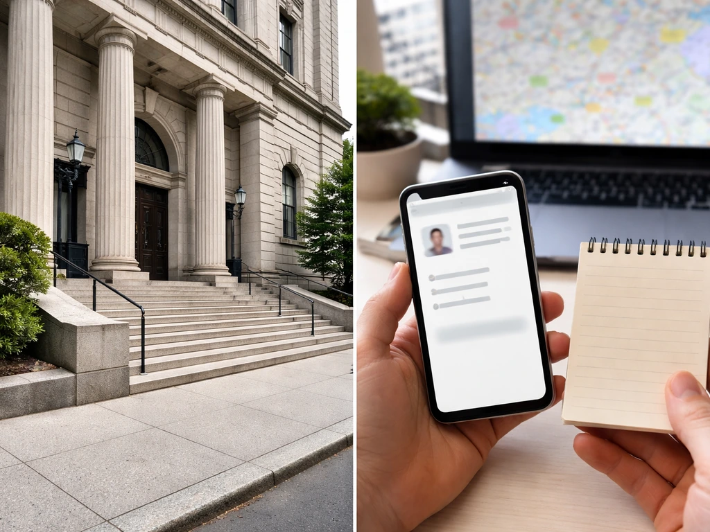 Split scene: city hall exterior on left and office identity-check workspace on right.